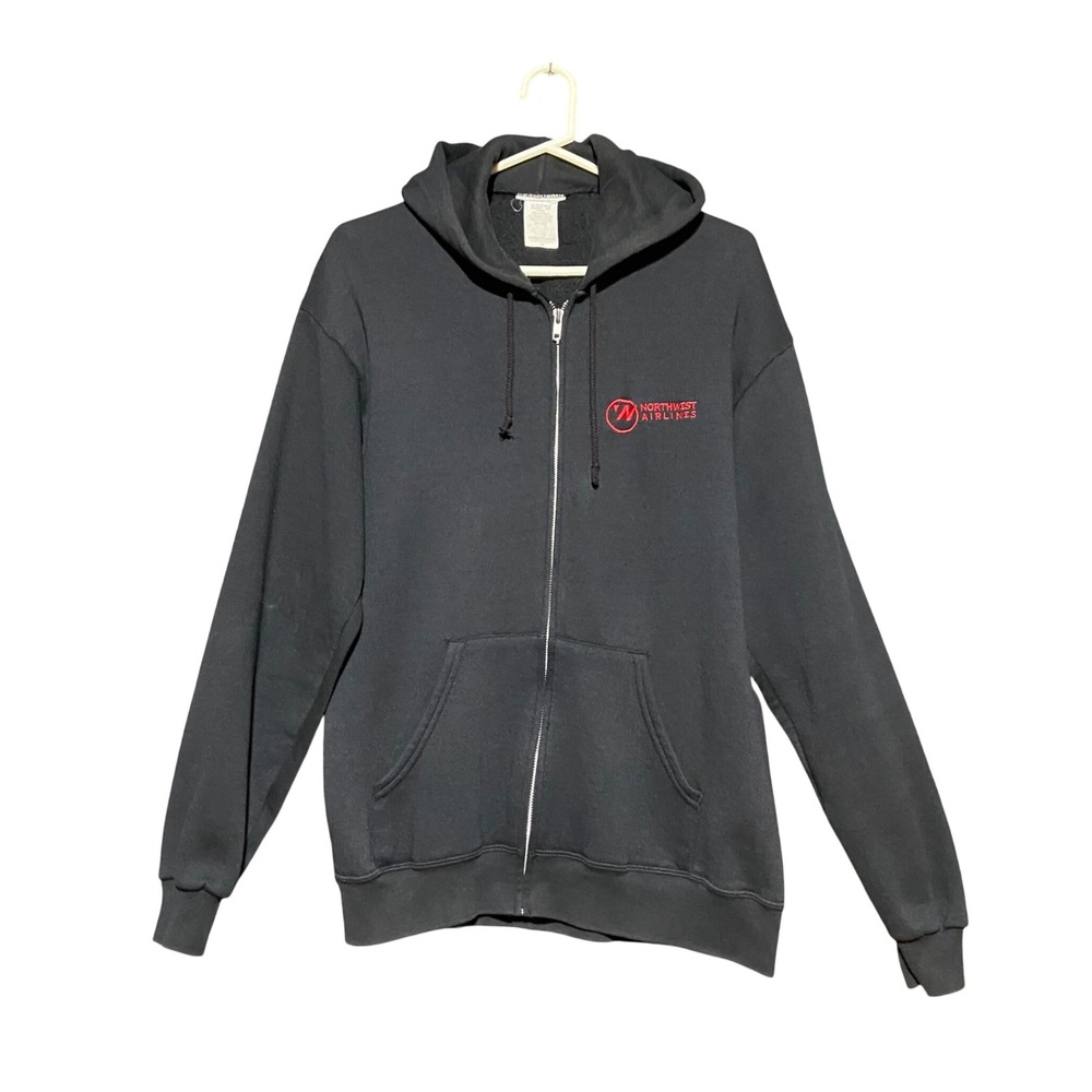 VTG Northwest Airlines Logo Zip Up Hoodie Mens Medium Black Full Zip Sweatshirt